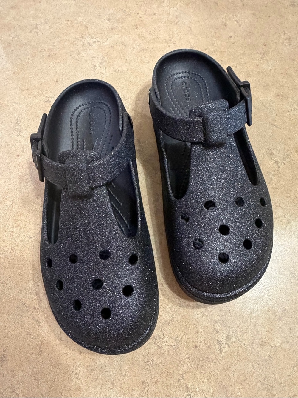 CROCS Black Glitter Mary Jane-Style Clog Mules with Buckle